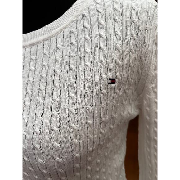 Tommy Hilfiger White Cable Knit Sweater Women’s XS Classic Logo Crewneck - Picture 2 of 8